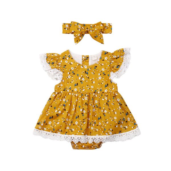 

newborn infant baby girls dress floral kids short sleeve dress+headband 2pcs outfits set clothes for 0-24 month, Red;yellow