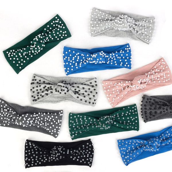 

fashion pearls beads ribbed hairband for women boho knotted striped elastic cotton headband female turban wraps hair accessories, Silver