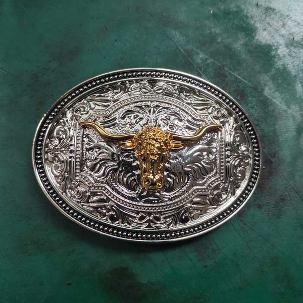 

western cowboy silver golden long horn bull head belt buckle fit 4cm wide belt, Slivery;black