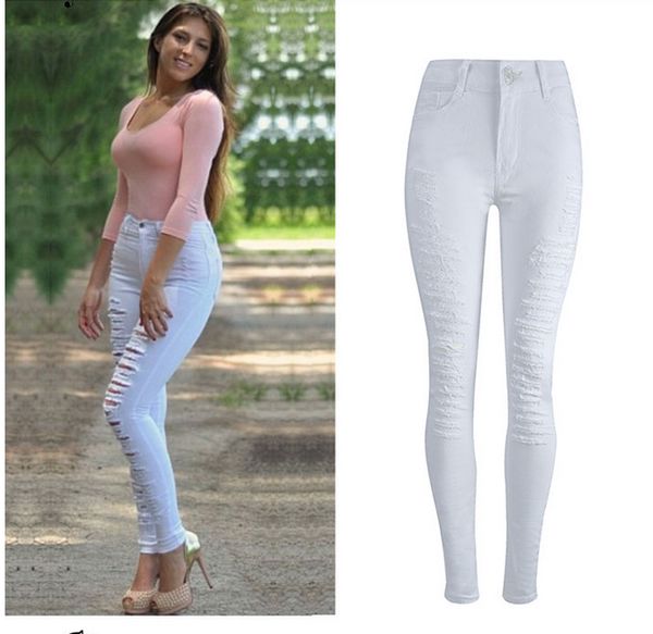 

women fashion 2018 distressed skinny jeans women elastic vintage denim white street wear, Blue