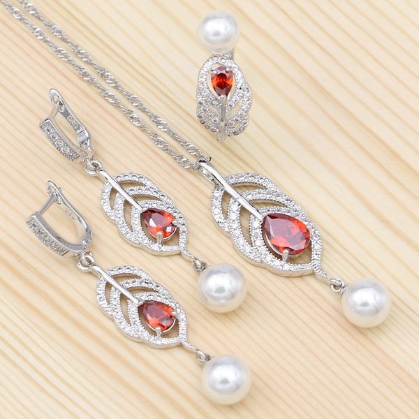 

925 silver bridal jewelry sets red cubic zirconia white pearl crystal for women earrings/open ring/pendant/necklace, Slivery;golden
