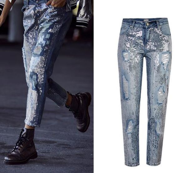 

new brand women ripped denim jeasn female hole metal color embroidery beads jeans middle waist loose jeans, Blue