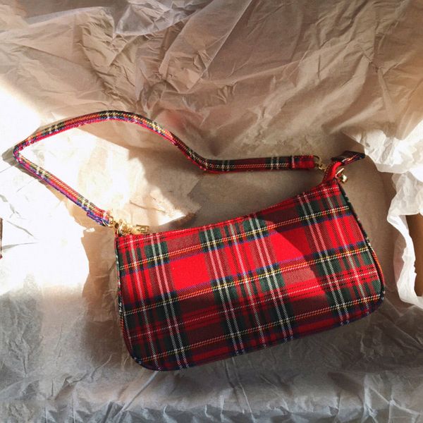 

small retro plaid shoulder women bag red baguette shape tote bags ladies handbag messenger purse bolsa feminina