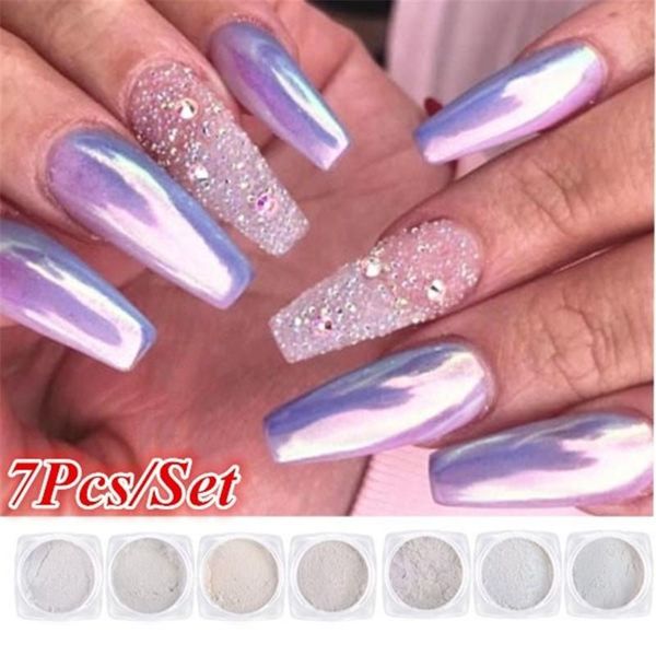 

7pcs/set chrome nail pearl powder shell glitter pigment dazzling diy laser dust powder nail art dust decorations manicure set, Silver;gold