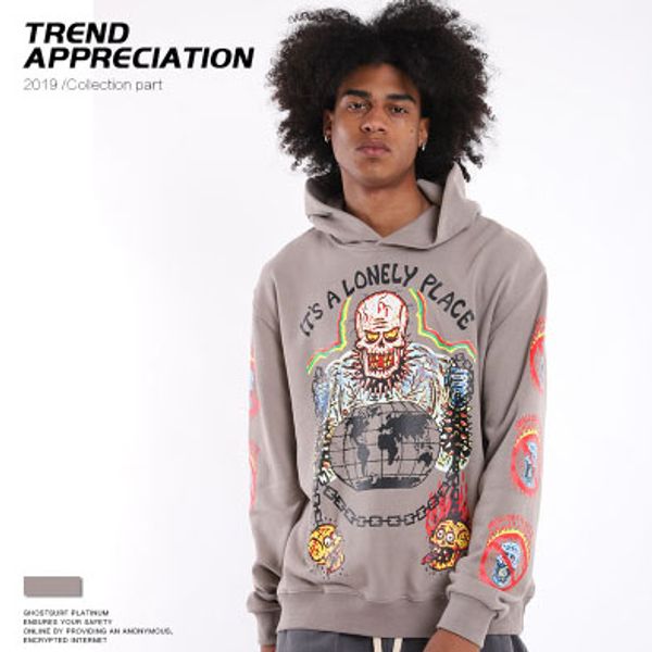 

designer mens hiphop hoodies trendy kenye west skulls pattern pullover luxury letter lonely place mens clothes streetwear 2019 new, Black