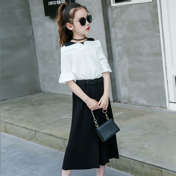 

fashion teenage clothes for girls outfits summer chiffon shirt pants kids suit 2 piece casual children clothing set 12 14 years t200707, White