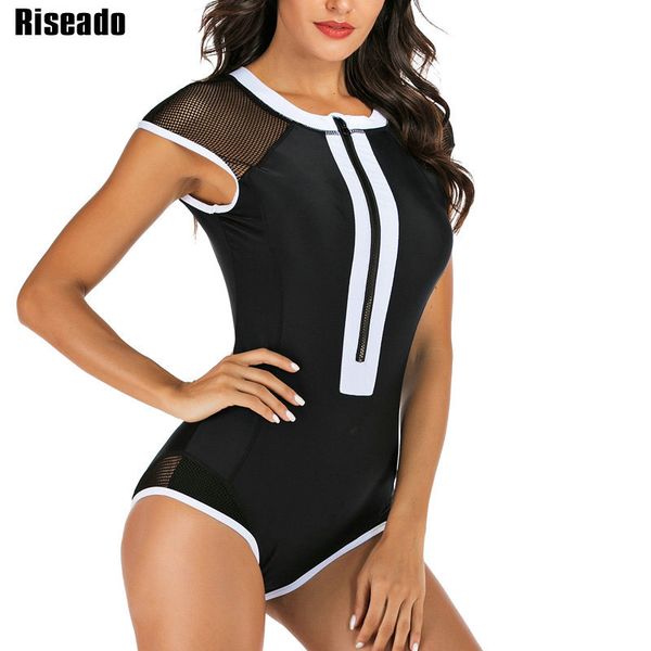 

riseado заплатки one piece купальники sexy mesh rash guard серфинг костюмы 2020 купальники женщины с короткими рукавами летняя пляжная одежд, White;black