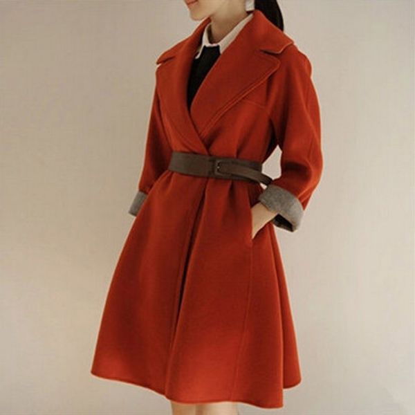 

plus size winter medium-long woolen outerwear large wool coat with belt, Black