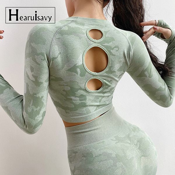 

женщины camo бесшовные с длинным рукавом crop top рубашки yoga top gym рубашки топы workout фитнес бег рубашка спортивная спортивная рубашка