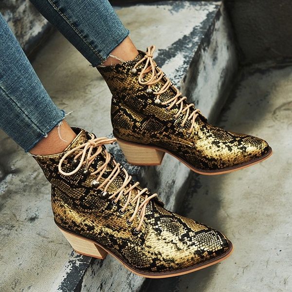 

women ankle boots lace up women boots snake stripe med heel woman shoes square heel winter retro ladies, Black