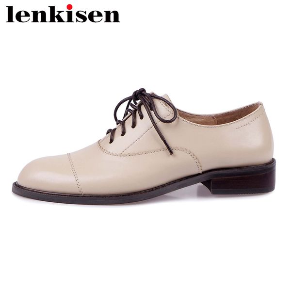 

lenkisen 2020 summer vintage shoes women natural leather round toe med heel british school young lady bowtie lace up pumps l02, Black