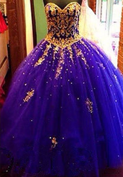 2019 Gold Appliques Kristall Blau Ball Kleid Quinceanera Kleider Tüll Plus Größe Sweet 16 Kleider Debütante 15 Jahre formale Partykleid BQ184