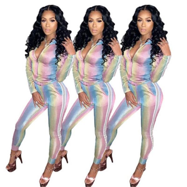 

rainbow striped 2 piece set women 's tracksuit long sleeve zipper front crop jacket +high waist pencil pants winter outfits s-xl, Gray