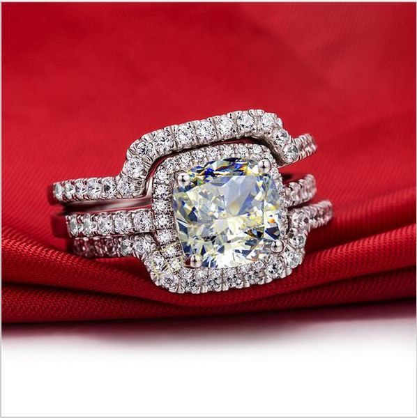

luxury new bridal set wedding rings sets 3 karat g-h cushion princess cut nscd synthetic diamond 3pc ring sets3613, Golden;silver