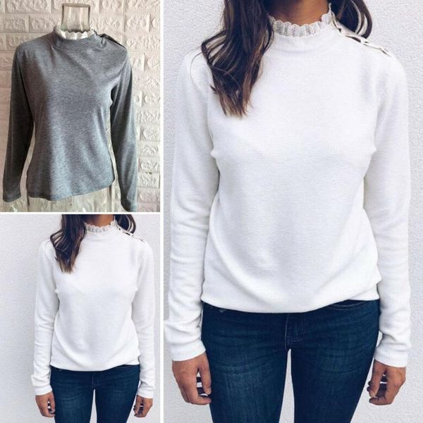 

new women lady winter solid color lace o neck shoulder button pullover loose sale, White
