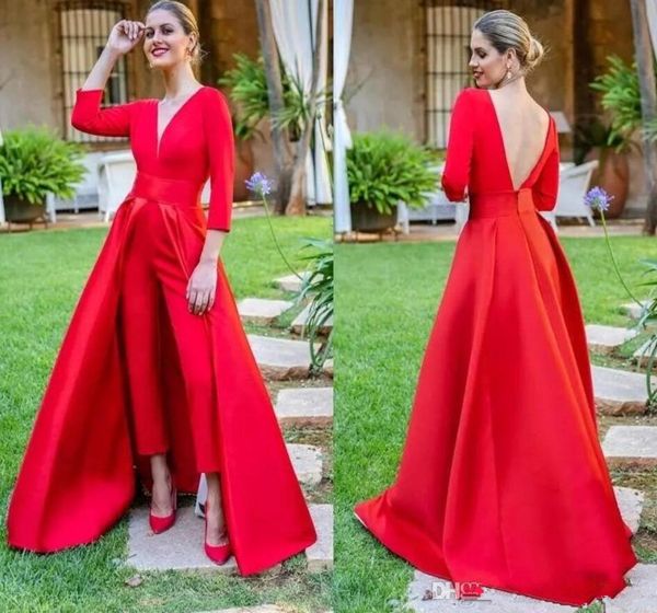 

red deep v neck jumpsuit evening dresses with long sleeves ruched backless floor length formal party prom gowns with over skirts, Black;red
