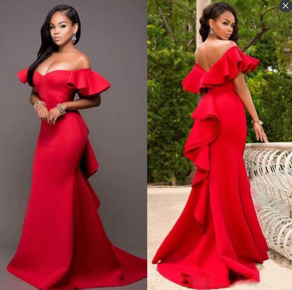 

african red off shoulder prom dress plain satin mermaid evening gowns formal vestidos ruched sweep train formal party dresses, Black
