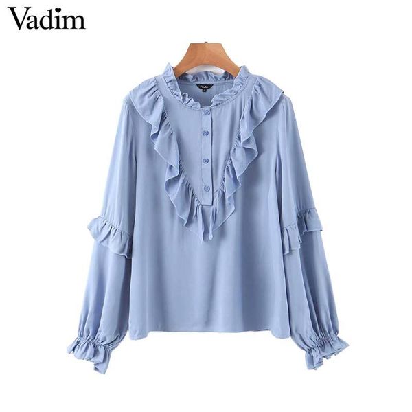 

vadim women sweet ruffled blouses ruffled collar long sleeve shirts female blue cute casual blusas mujer lb704, White