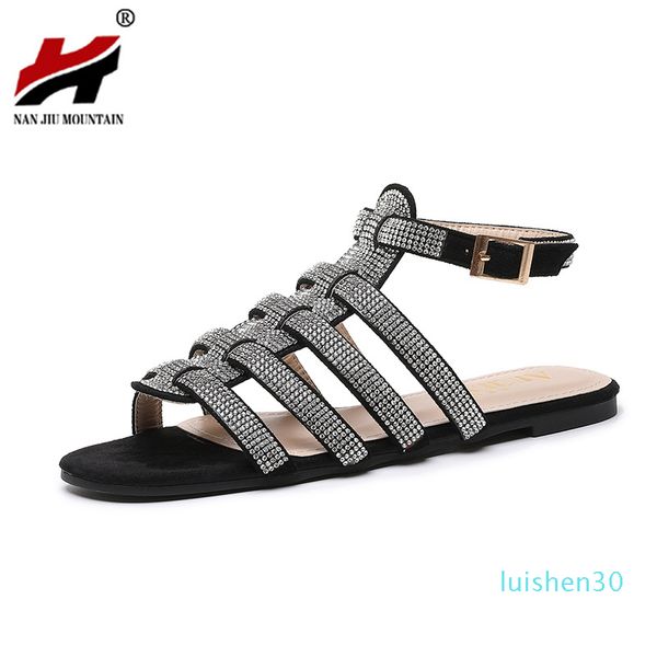 

nan jiu mountain summer roman sandals women flat sandals handmade rhinestones open toe women's shoes plus size l30, Black