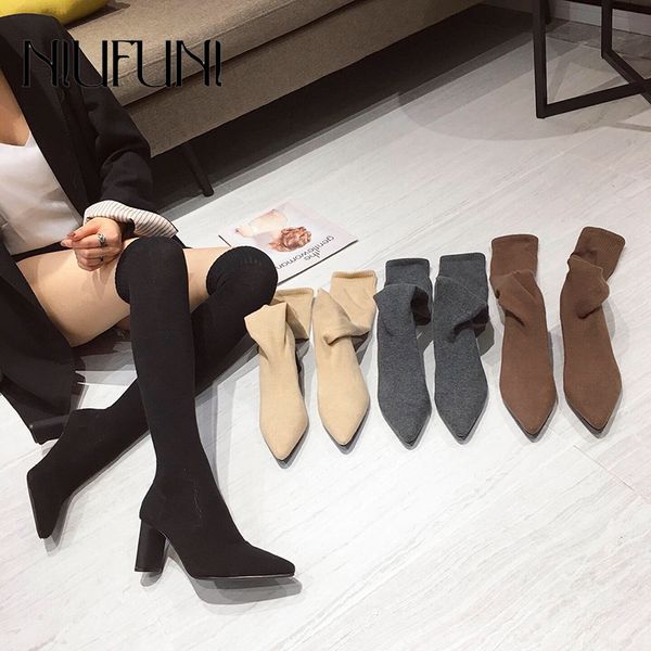 

elastic fabric niufuni solid color women's over the knee sock boots high heels knitting pointed toe slim botas mujer size 34-39, Black