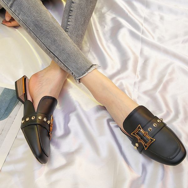 

women shoes rivet closed toe mules chunky heels buckle slippers fashion slides plus size zapatos mujer black apricot flip flops