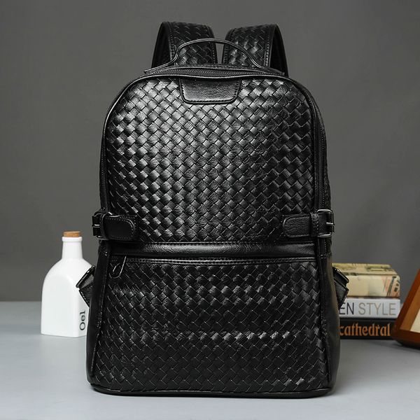

leisure weaving soft leather backpack men's bag travel student bag large capacity computer women's women men backpack