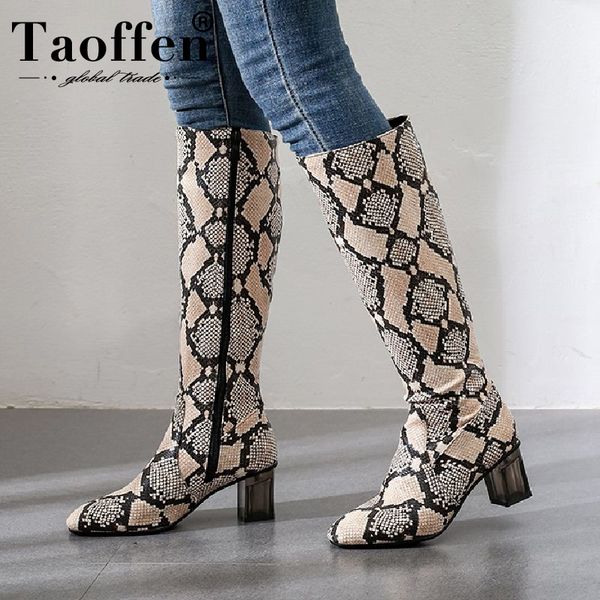 

taoffen plus size 34-48 knee high boots for women fashion snake print square heels shoes women casual zipper warm fur footwear, Black