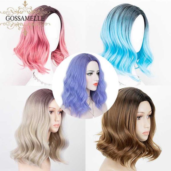 

gossamelle ombre blue pink brown synthetic wigs for women highlight blonde short bob wigs mixed black cosplay wig heat resistant