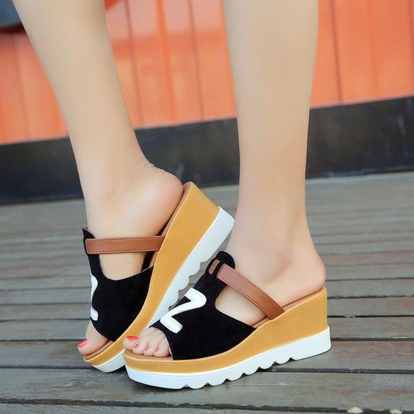 

summer fashion gladiator casual solid color wedges peep toe flatform shoes high heels sandals slippers women footwear, Black