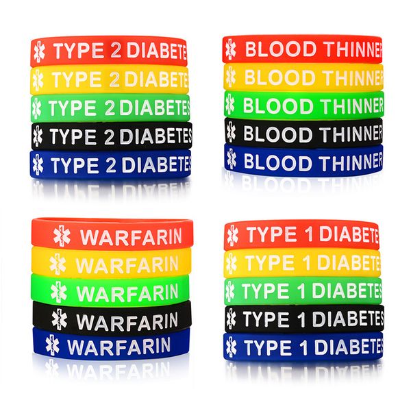 

5pcs/set silicone medical alert bracelet for men women kids child 5 color/sets blood thinner type 1 diabetes bangles jewelry, Black