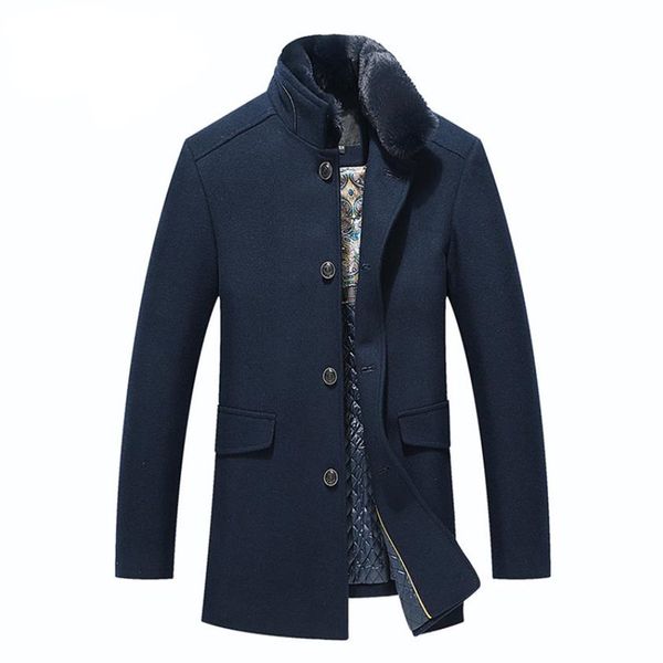 

autumn and winter new men's wool coat warm business casual solid color stand collar jacket windbreaker overcoat, Black