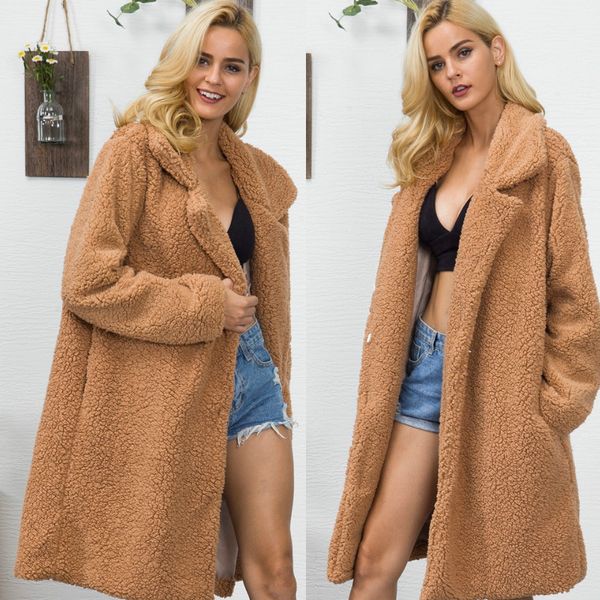 

faux fur lamb wool long shaggy cardigan lapel collar warm fluffy jacket teddy bear coat plus size trench winter coat outerwear, Black