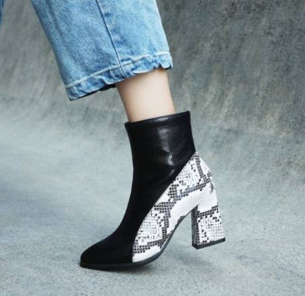 

us4-11 womens pointed toe snake pattern stitching pu leather ankle boots side zipper shoes warm winter plus size 3colors a1502, Black