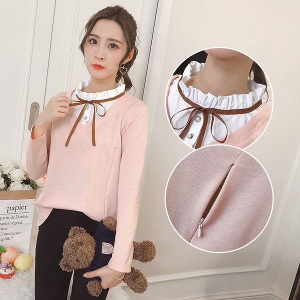 

Autumn Postpartum Women Nursing T-shirt Fashion Ruffles Stand Collar Long Sleeve Double Zippers Breastfeeding Tops Nursing Tees