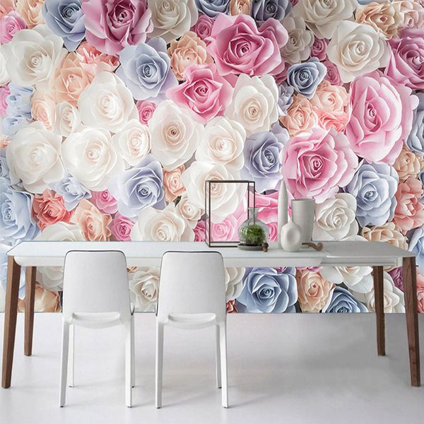 Autoadesivo personalizzato Impermeabile Canvas Murale Carta da parati Modern Rose Flowers Romantic Home Decor Casa da sposa Camera da letto