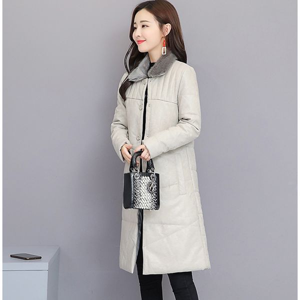 

temperament winter fashion fur collar women's leather jacket large size solid color down leather jacket nuw342, Black