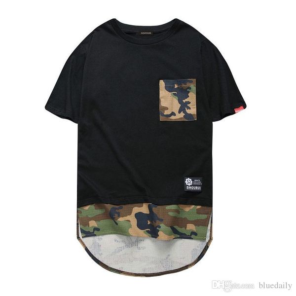 Erkek Kamuflaj Patchwork Longline T Shirt Erkek Hip Hop Camo Cep Hemline Tops Tee Hipster Rahat Yüksek Düşük T Shirt