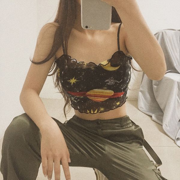 

2019 new fashion women's casual tank sleeveless cross slim vest blouse crop printed wooden ear strap vest t-shirt, White