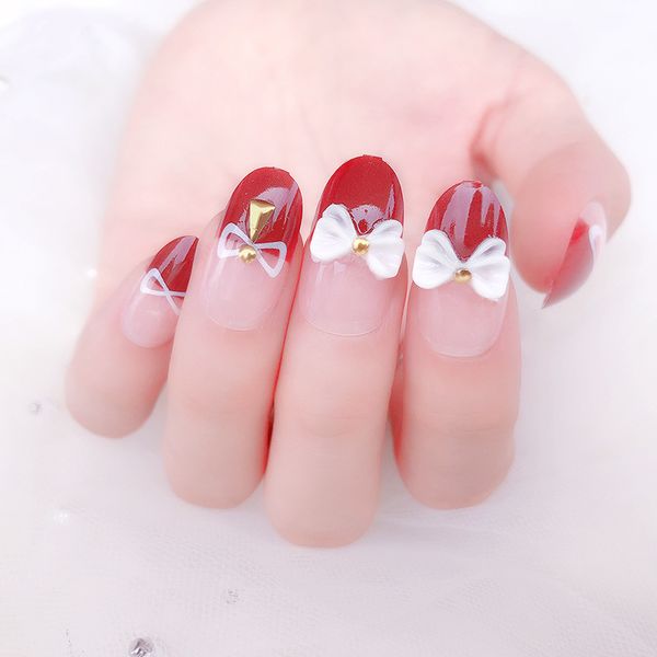 

24 pcs bow artificial nails stick red false nails pretty decorated diy nail art 1 set fashion new rhinestone & decoration#, Red;gold