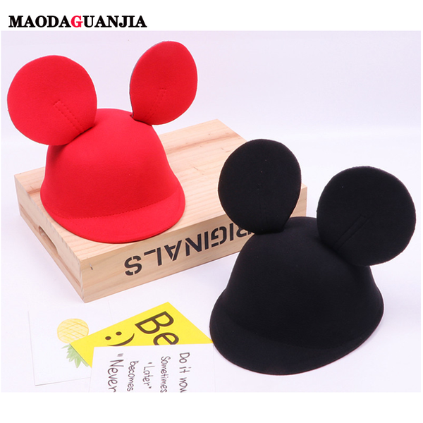 

new parent-child fashion cute cats mouse big ears hat dome flanging women bowler fashion cap stage performance headdress fedoras, Blue;gray