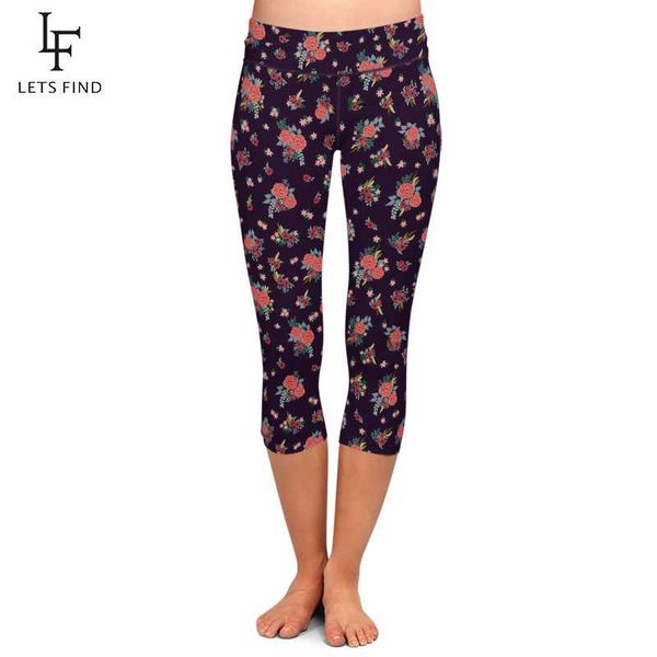 

women's leggings letsfind 2021 summer women fitness 3d flowers print high waist plus size comfortable slim mid-calf, Black