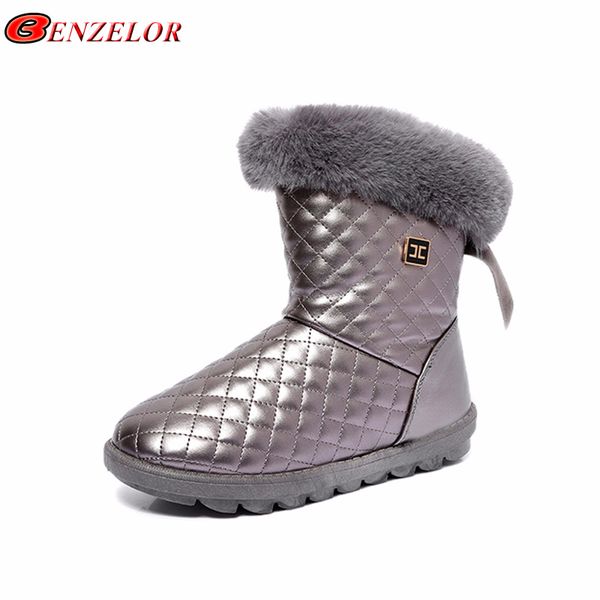 

benzelor winter pu leather waterproof snow boots women shoes woman faux fur mid-calf warm plush femme ladies boot booties white, Black