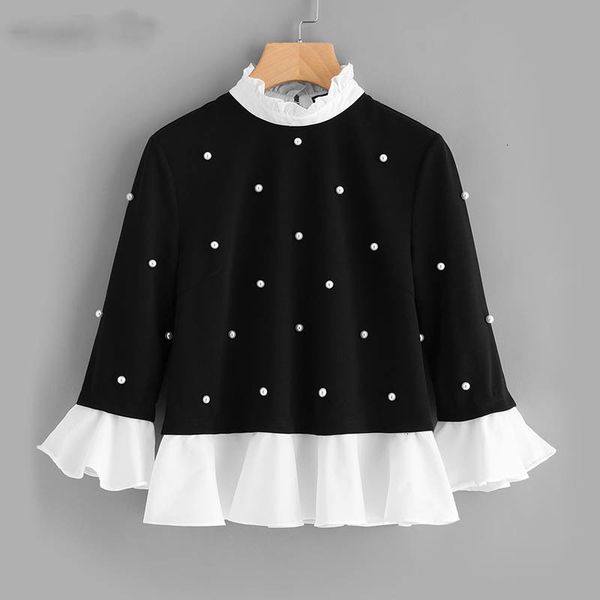 

women blouse ladies v neck contrast frill trim pearl embellished black and white contrast collar three quarter length blouse