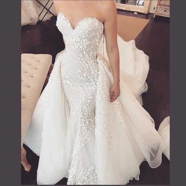 

spring mermaid wedding dresses sweetheart 3d lace appliques overskirts wedding dress long train tulle country beach bridal gowns, White