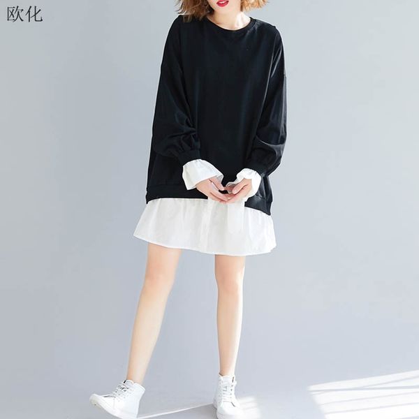 

oversize sweatshirts women hoodies plus size long sleeve lady pullover femme 2020 new spring black spliced pleated dresses