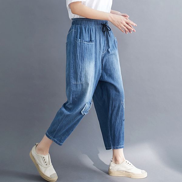 

джинсы женские джинсовые брюки донные брюки big сыпучие крупногабаритные отбеленная полосатый ретро вскользь для весна лето bo21511541, Blue