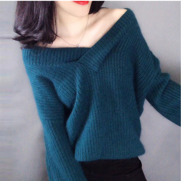 

2020 autumn new women's pullovers sweater v-neck lantern sleeve knitting solid loose casual elegant plus size pf11, White;black