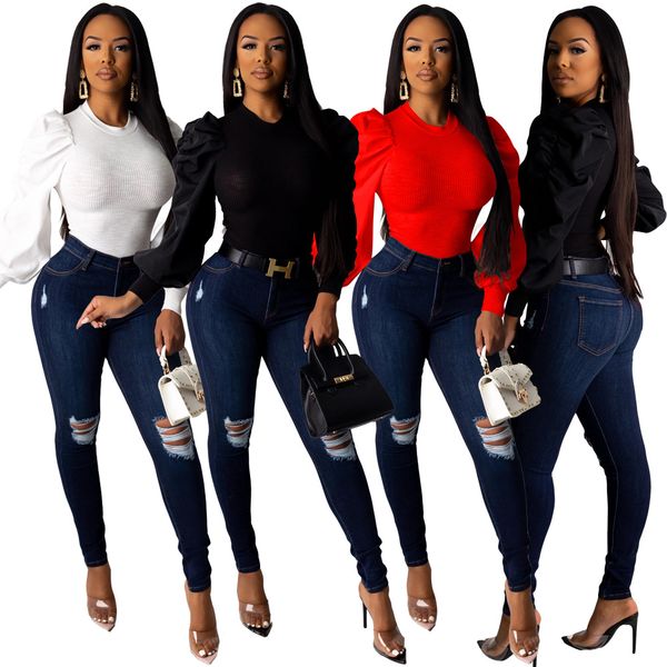 

47s3729 women's knits winter long-sleeved shirt puff stitching round neck tight sets countersink article lantern sleeve shirt casual, White