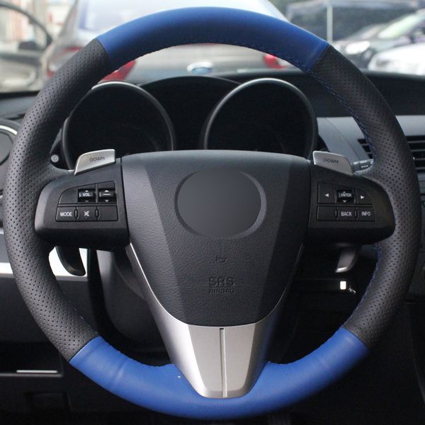 

blue black genuine leather hand-stitched car steering wheel cover for 2011-2013 mazda 3 mazda cx-7 cx7