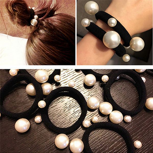 

3pc imitation pearls fashion elastic black bands girl rope gum rubber band tie bun holder size:approx.6cm